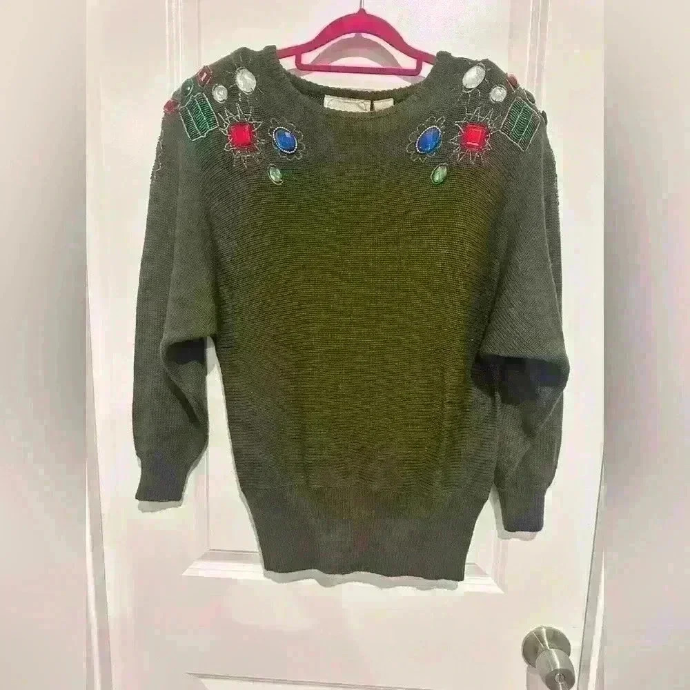 Priscilla Size S Beaded Sequin Vintage Green Sweater